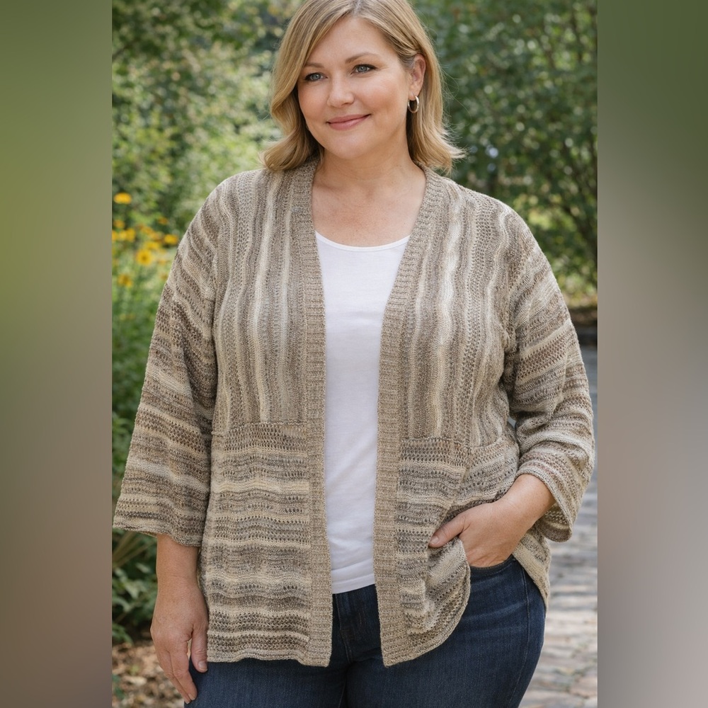 CJ Banks Open-Knit Cardigan Sweater | Neutral Beige/Taupe | Size 2X